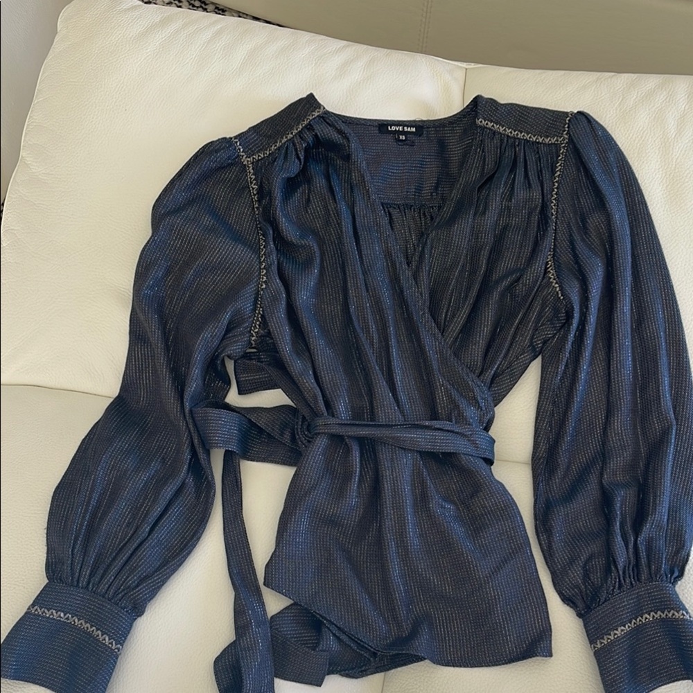 Love Sam Navy Blue Wrap V-Neck Blouse
